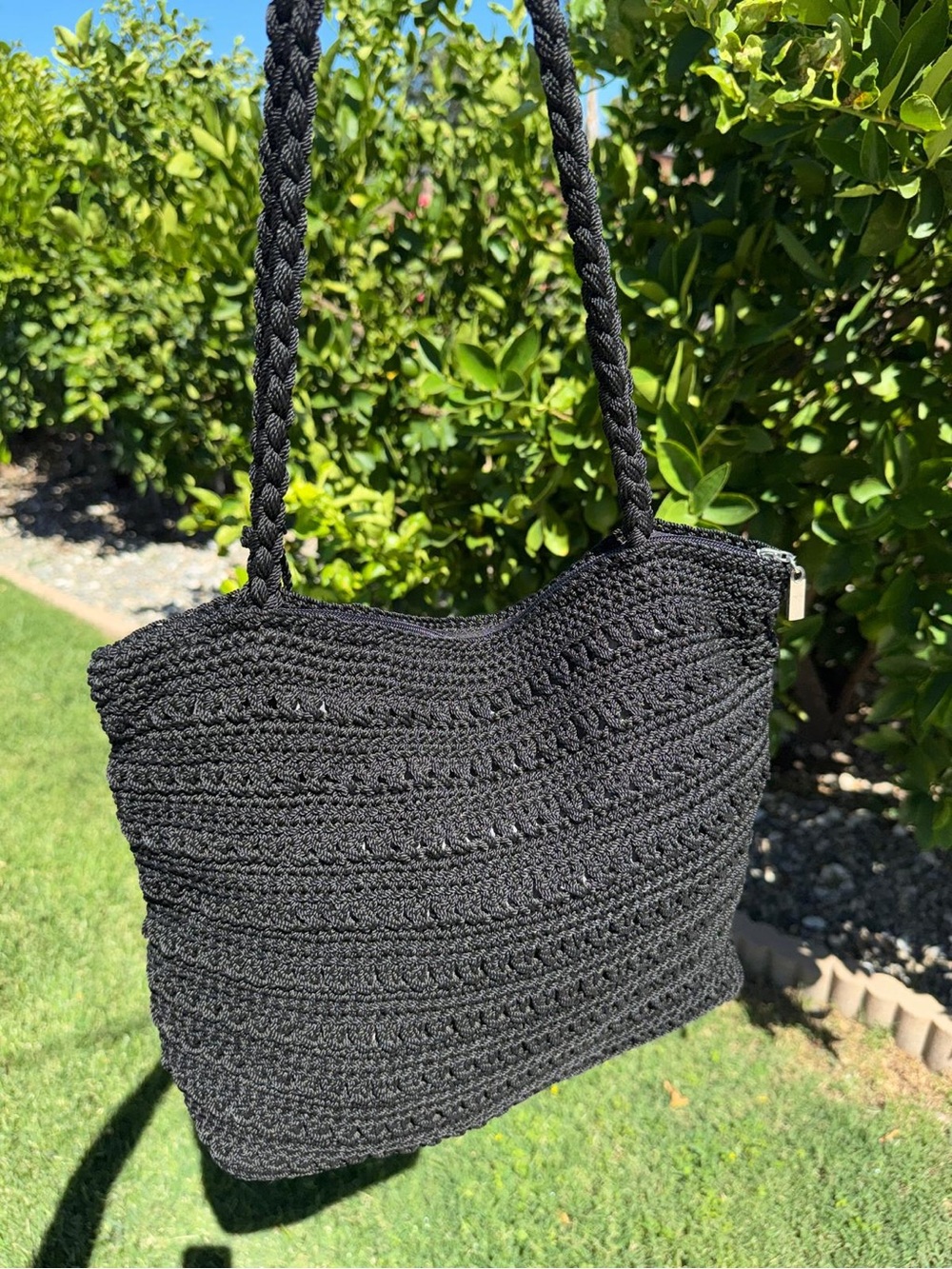Vintage The Sak Black Crochet Black Woven Tote Boho Granny Shoulder Bag Purse - Picture 8 of 15